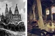 À esquerda, croqui para Cripta da Capela Güell, Arquiteto Antoni Gaudí.À direita, situação atual