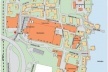 Plano geral mostrando ao norte o setor onde predominam as unidades residenciais, o centro dominado pelo prédio multiuso e abaixo o arranjo feito entre o novo e o existente. Todo o espaço é valorizado pela grande frente para o lago