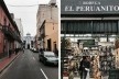 À esquerda, Jirón Cailloma, ao fundo a Casa Marquês Osambela, século 18, Lima, Centro; à direita, Mercearia El Peruanito, Miraflores, Lima