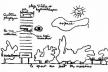 Esquema de Le Corbusier para os edificios da Cidade Radiosa: moradia exposta ao verde e ao céu; as ruas para os carros são elevadas