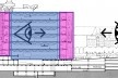 Diagrama do Centro Georges Pompidou. Em azul, o bloco de vidro com sua fachada interna e em roxo, o invólucro externo