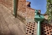 Fotografias dos seixos rolados na calçada em concreto do Sesc Pompéia e dos condutores pluviais metálicos pintados em verde