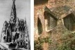 À esquerda, croqui para Cripta da Capela Güell, Arquiteto Antoni Gaudí.À direita, situação atual
