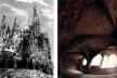 À esquerda, croqui para Cripta da Capela Güell, Arquiteto Antoni Gaudí. À direita, situação atual