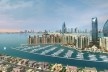 Imagem digital de simulação da paisagem arquitetônica sobre a ilha artificial Palm Jumeirah em Dubai