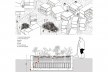 Armadura da paisagem. Infraestrutura verde nas encostas do Morro da Formiga, perspectiva e corte das bacias de evapotranspiração distribuídas no território, Rio de Janeiro RJ Brasil, 2021. Arquiteta Larissa de Paula Scheuer