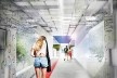Perspectiva ilustrativa da passagem proposta, mostrando sua relação a obra artística e a superfície em relevo e reflexão. Concurso Passagens sob o Eixão. Menção honrosa 5