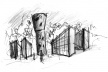 Amial – Centro Sócio-Cultural, croquis vista externa geral. Arquiteto Ricardo Guerreiro