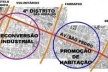 Análise do 4º Distrito de Porto Alegre sobre mapa cadastral, identificando o eixo articulador do bairro, Av. São Pedro, e as zonas industrial, mais próxima ao Porto, e predominantemente residencial e comercial, entre as avenidas Farrapos e Benjamin Consta