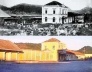 Acima: Largo da Estação Férrea de Santa, concluída em 1899, em imagem de 1914 quando da Exposição Agro-industrial. Abaixo: O Largo com a estação depredada em imagem de 2002.