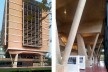 À esquerda, sequência de pórticos e esquadria no hall, arquitetos Santiago Sánchez Elía, Federico Peralta Ramos y Alfredo Agostini / Escritório Sepra; à direita, edifício administrativo, com pórtico estrutural, brises e mezanino que articula e integra o c