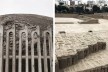 À esquerda, muro protetor do Museo de Sitio Huaca Pucllana, Lima, distrito de Miraflores; à direita, estrutura em “adobitos” nas ruínas de Huaca Pucllana