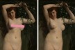 Nu com ramos florestais, 1863, pintura de Gustave Courbet. Versões censurada para o facebook e original