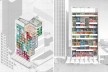 H.O.M.E. — Housing and Office Modular Environment, isométrica em corte da tipologia e perspectiva da nova fachada mista, São Paulo, 2020. Arquitetos Ricardo Gonçalves, Matheus Marques, Rolando Figueiredo e Luisa Favilla / Hiperstudio