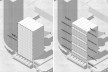 H.O.M.E. — Housing and Office Modular Environment, isométrica do edifício atual e da proposta com pavimentos mistos intercalados, São Paulo, 2020. Arquitetos Ricardo Gonçalves, Matheus Marques, Rolando Figueiredo e Luisa Favilla / Hiperstudio