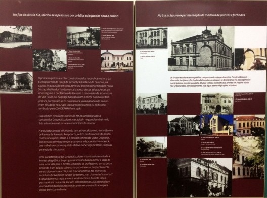 Imagem de painéis de exposição que sintetiza a pesquisa realizada para o tombamento das escolas públicas e que está instalado na sala de reuniões do Conselho do Condephaat