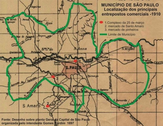 Limite do Município de São Paulo em 1887, com a localização dos entrepostos comerciais existentes em 1910