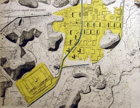 Proposta definitiva de implantação da ”Cidade dos Motores”: observar a importância do rio no traçado, além do zoneamento das áreas industrial e habitacional