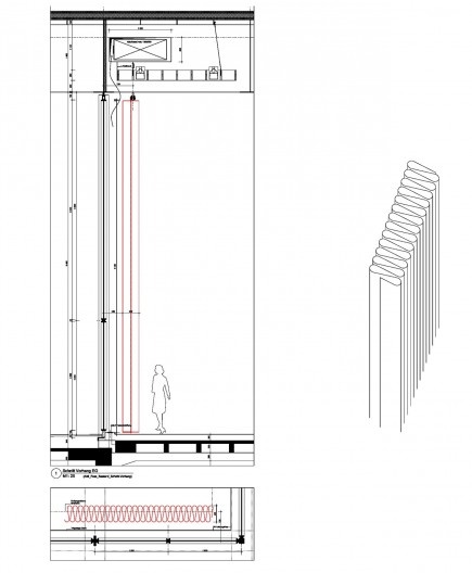 Desenho da reconstrução da cortina original do grande salão no andar térreo, planta baixa, seção transversal e detalhe