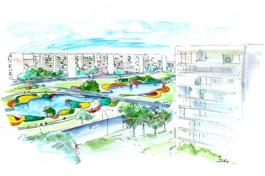 Simulação de jardins de Burle Marx para o eixo monumental de Brasília. Aquarela de Ilda Fuchshuber