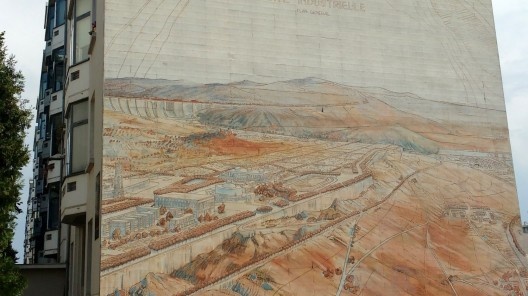 Painel A Cidade Industrial, Cité-Création sobre desenho de Tony Garnier, Lyon, França