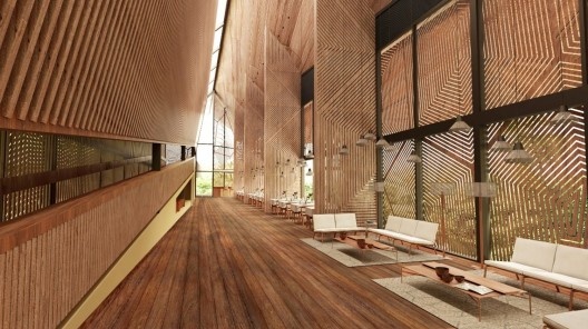 Napo Cultural Center, maquete eletrônica, Comunidade Kichwa Añangu, Parque Yasuní, Província de Orellana, Equador, 2019. Arquitetos Paula Izurieta e Gabriel Moyer-Pérez / Caá Porá