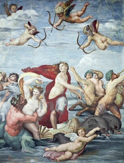 Triunfo de Galatea, de Raffaele Sanzio. O carro de Galatea é aqui representado por uma concha com rodas de pás puxada por delfins