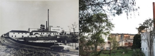 Vista nordeste do complexo do Frigorífico Serrano em 1940 e seu estado atual de conservação