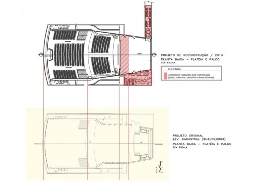 Cine Teatro Ouro Verde, plantas baixas dos projeto de reconstrução e original, Londrina, arquitetos Vilanova Artigas e Carlos Cascaldi