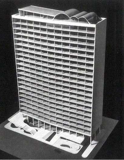 Abóbadas de arquitetos influenciados por Niemeyer, Maquete do segundo projeto para o Edifício-sede da VFRGS, Porto Alegrem 1944. Affonso Reidy e Ivan Mizoguchi