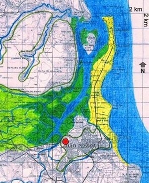 1. Mapa mostrando o estuário do rio Paraíba. (O círculo vermelho indica o local onde foi implantada a cidade da Parahyba.)