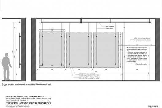 Exposição “Três pavilhões de Sérgio Bernardes”, fixação dos painéis, concepção de Abilio Guerra e Fausto Sombra
