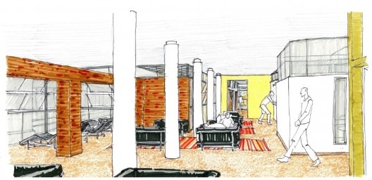 Exemplo de ambiência para a área de estar comum a todos os pacientes. Localizado em um ponto central em relação aos edifícios existentes, este salão concentra consultórios e salas de terapia ocupacional.