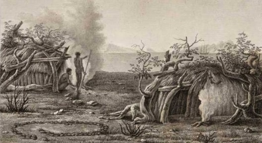 Ilustração de casas aborígenes australianas de autoria de Peron Francois datada de 1807