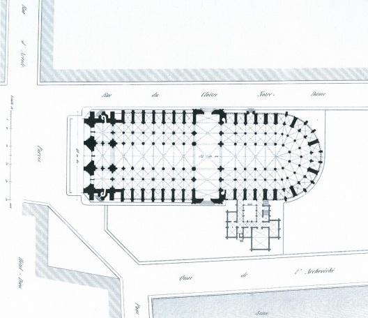 Plano geral de Notre-Dame de Paris com a sacristia abaixo, na década de 1840