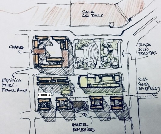 Complexo Habitacional Júlio Prestes, croqui inicial do projeto, São Paulo SP Brasil, 2016. Arquitetos Mário Biselli e Artur Katchborian/ Biselli Katchborian Arquitetos Associados