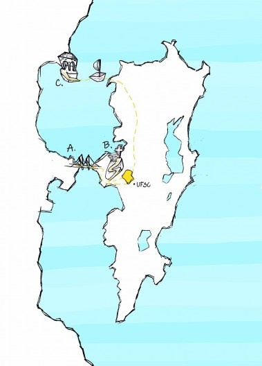Mapa Esquemático, localizando pelas letras: A; B; C; respectivamente, os três percursos realizados em Florianópolis