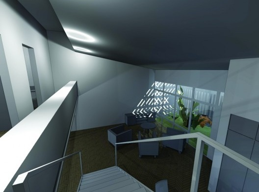 Perspectiva do mezanino do setor íntimo, vendo a sala no pavimento inferior. Casa-atelier de Samson Flexor. São Paulo. Rino Levi, 1951.