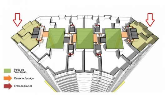 Edifício Viadutos, arquiteto João Artacho Jurado, 1956. Perspectiva sem escala do pavimento tipo, indicando os apartamentos que não tem área voltada aos poços centrais