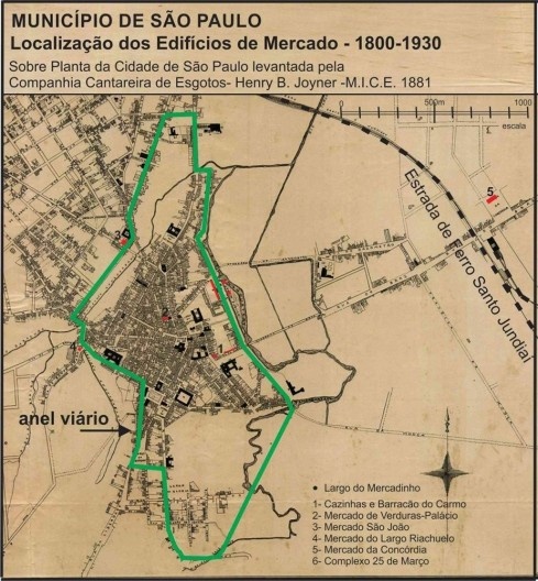 Localização dos edifícios utilizados como mercado na cidade de São Paulo entre 1800-1930, com indicação do primeiro anel viário pensado para a cidade, iniciado em 1850