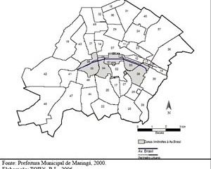 Localização da Avenida Brasil em Maringá-PR no contexto das Zonas limítrofes