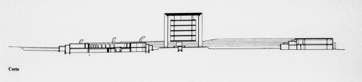 Sede da Editora Mondadori, corte transversal, Milão, Itália, 1968. Arquiteto Oscar Niemeyer