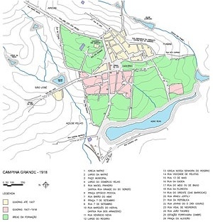 Mapa de Campina Grande, 1918. Desenhado a partir de mapa exposto no Museu Histórico de Campina Grande