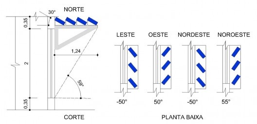 Corte do brise-placa horizontal e planta baixa do brise-placa vertical