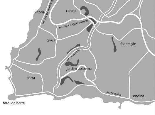 Mapa representativo da região da Avenida Centenário, em Salvador. Em escuro, regiões de predominância de edifícios de implantação e desenvolvimento vertical semelhante aos Edifícios Cláudia, Rosa Rejane e Rosa Regina
