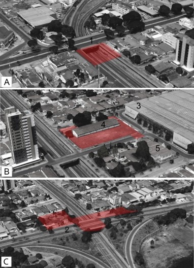 Áreas adjacentes à via Jader Medeiros. 01: Avenida Epitácio Pessoa; 02: Beira Rio; 03: Espaço Cultural; 04: Escola Pública José Vieira; 05: Santuário da Nossa Senhora Imaculada Conceição; Destacado em vermelho: Áreas a serem transformadas na proposta
