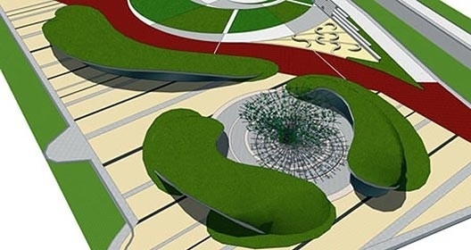 A Praça da Tumbérgia apresenta como elemento focal uma árvore de aço. Marco gerador de agradável espaço de permanência