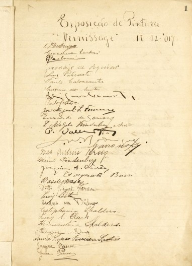 Página do livro de assinaturas da Exposição de Pintura Moderna Anita Malfatti, São Paulo, 1917