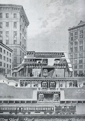 “New York Funf übereinanderliegende Verkehswege” (New York cinco níveis de circulação superpostos). Ilustração publicada pela Scientic American, 1908