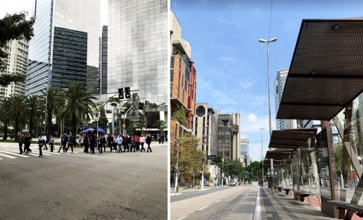 Avenida Chucri Zaidan em horário comercial e Avenida Luis Carlos Berrini em um sábado, com pontos de ônibus vazios